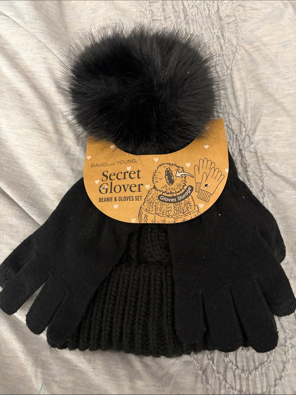 David and Young Black Knit Beanie and Gloves Set with Faux Fur Pom